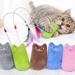 7PCS Cat Toy Set 5 Plush Catnip Pillows + 2 Interactive Wand Toys Cats Kitten